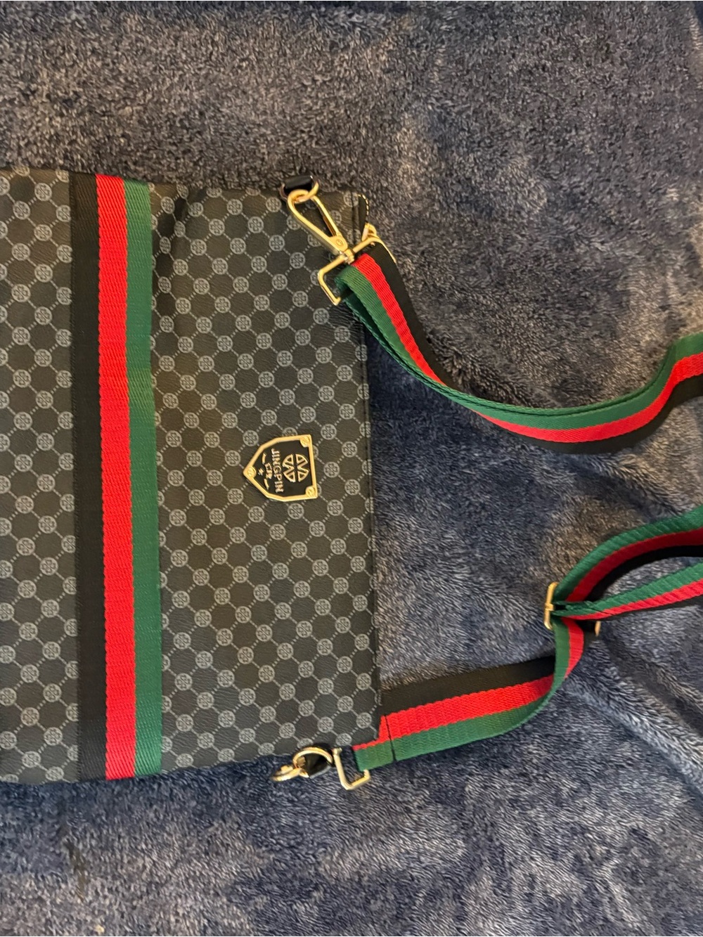 Black Crossbody Bag with Green & Red Stripe